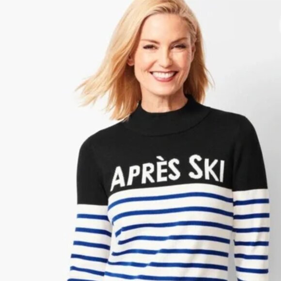 Talbots Tops - Talbots Apres Ski Blue Navy Cream Mock Neck Striped Sweater size LP